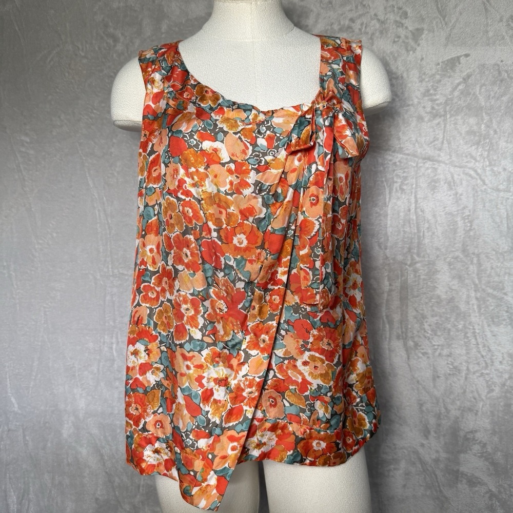 J.Crew Women Orange Multi Floral 100% Silk Sleeveless Tie Neck Blouse Size 6
